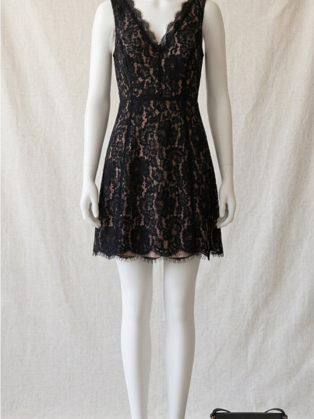 LOFT Black Lace V-Neck Mini Dress with Nude Lining